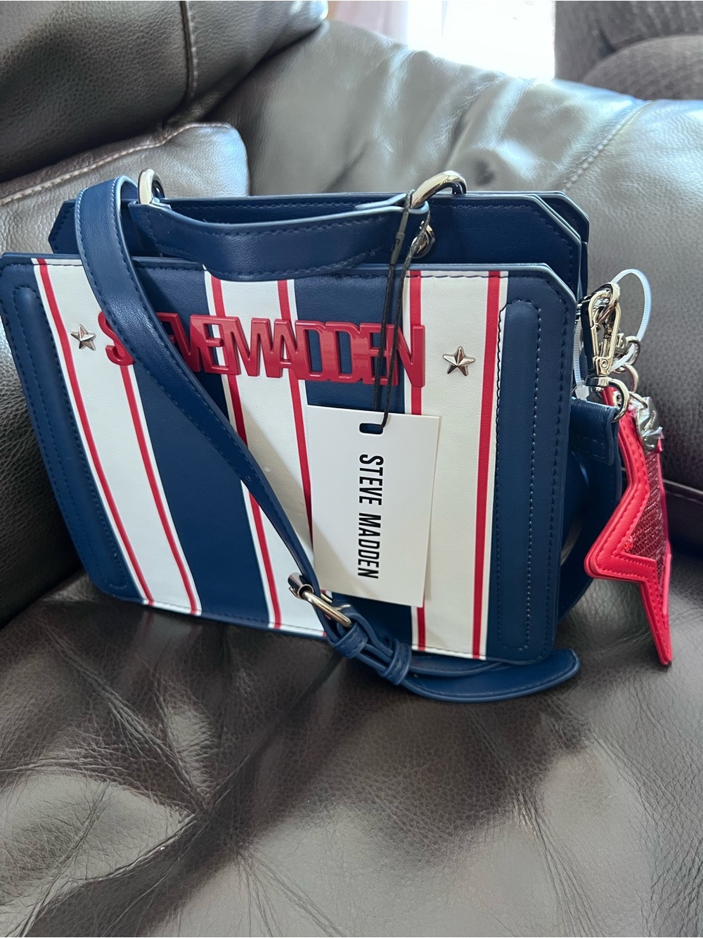 Steve Madden Navy, White & Red Striped Crossbody with Logo Charm